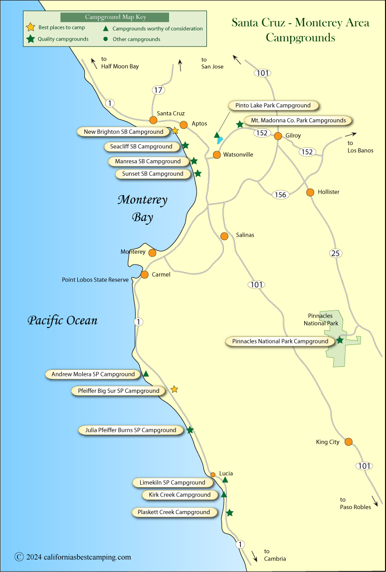 map of campground locations in Santa Cruz and Monterey counties, CA