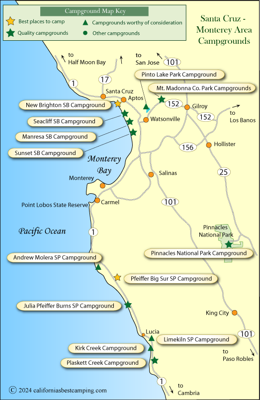 map of campground locations in Santa Cruz and Monterey counties, CA