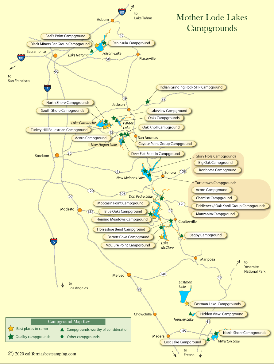 map of campgrounds in around the foothill lakes of the Mother Lode