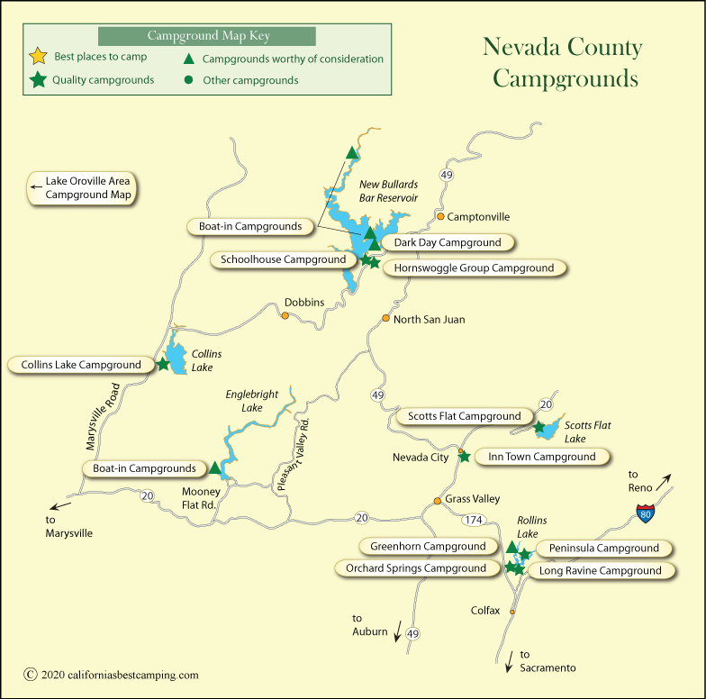 map of campground locations in Nevada County, CA