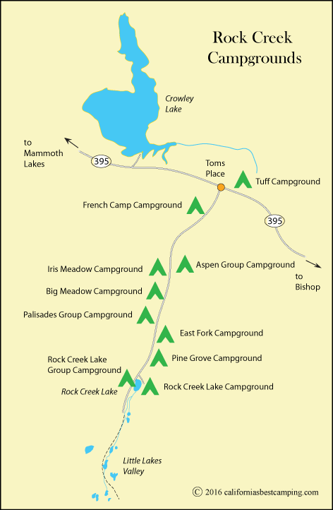 Map of Campgrounds along Rock Creek in the Inyo National Forest, including Aspen Group Campground, CA