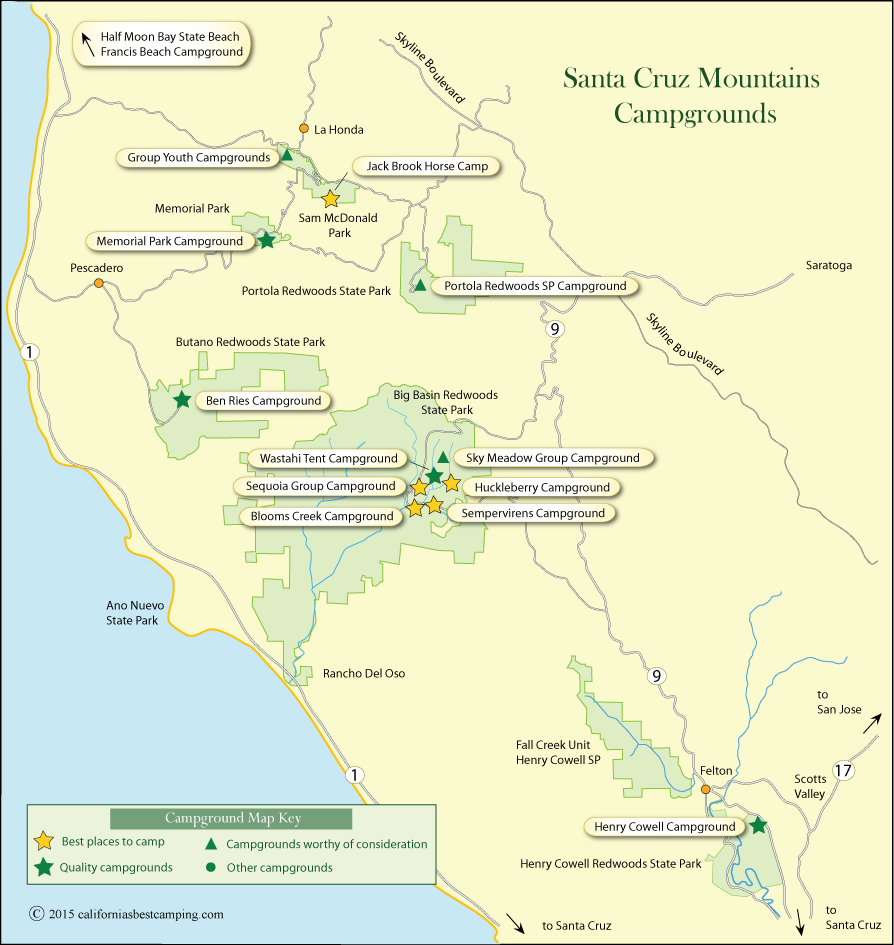 map of campground locations in the Santa Cruz Mountains, CA