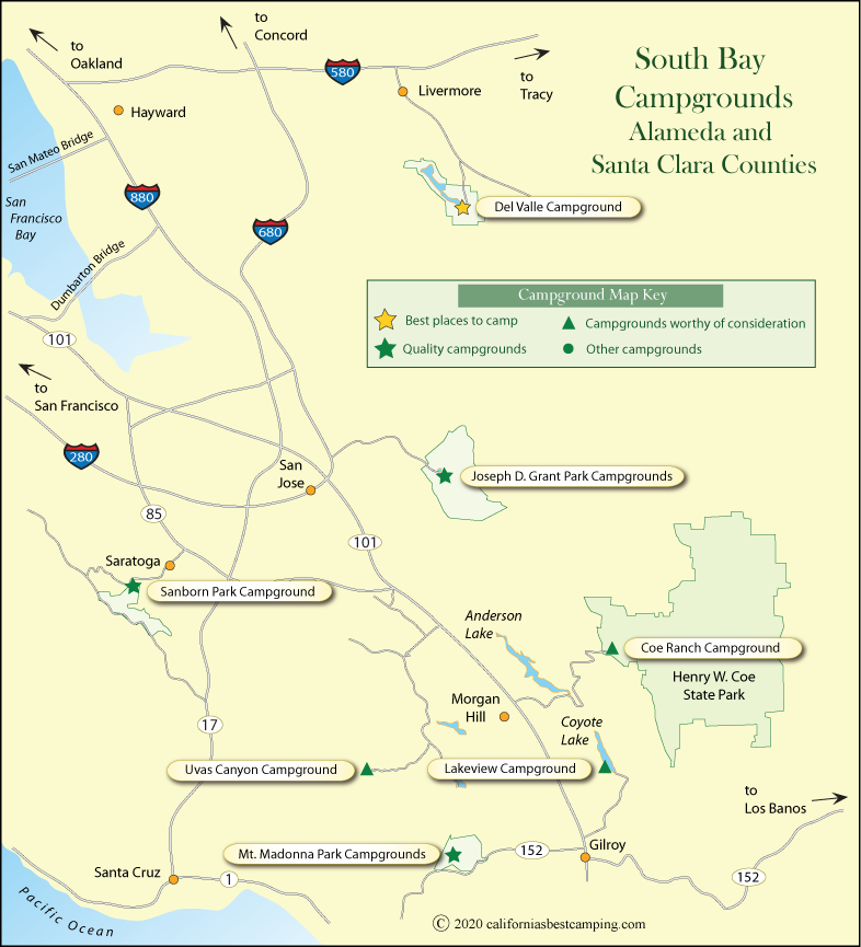 map of campground locations around Santa Clara and Alameda counties