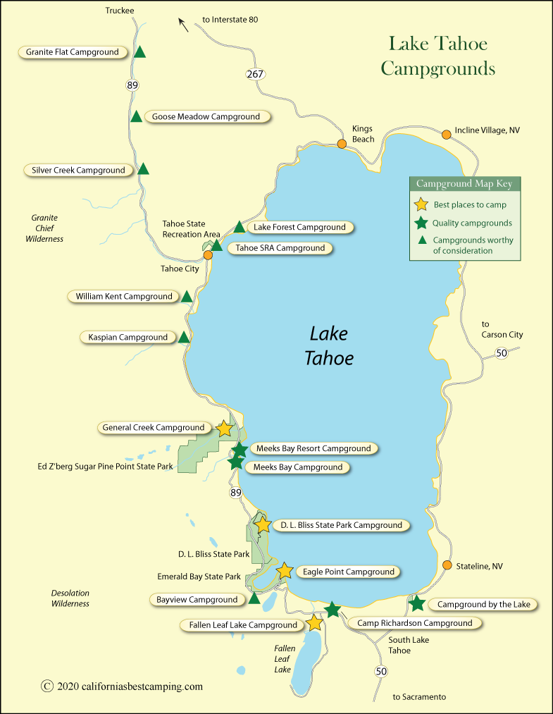 map of campground locations around Lake Tahoe, CA