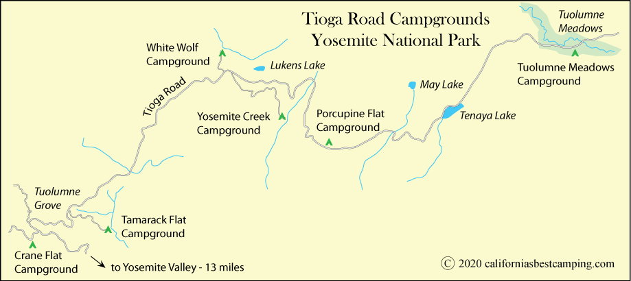 map of campground locations on Tioga Road, including Crane Flat Campground,  Yosemite National Park