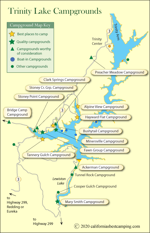 map of campgrounds around Trinity Lake, CA