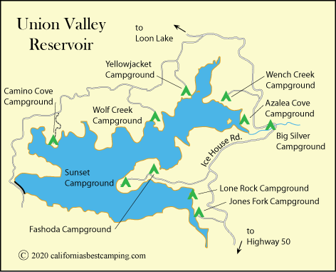 map of campgrounds at Unioin Valley Reservoir, including Azalea Cove Campground, Eldorado National Forest, CA