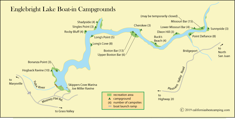 map of Englebright Lake Boat-in Campgrounds locations, CA