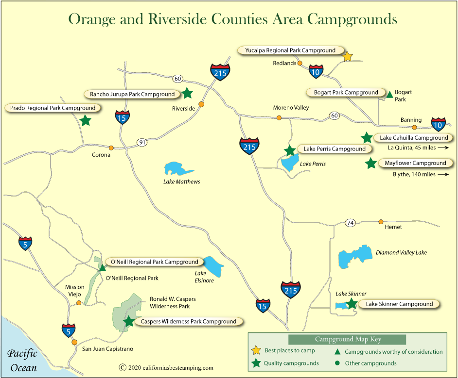 map of campgrounds in Orange and Riverside counties