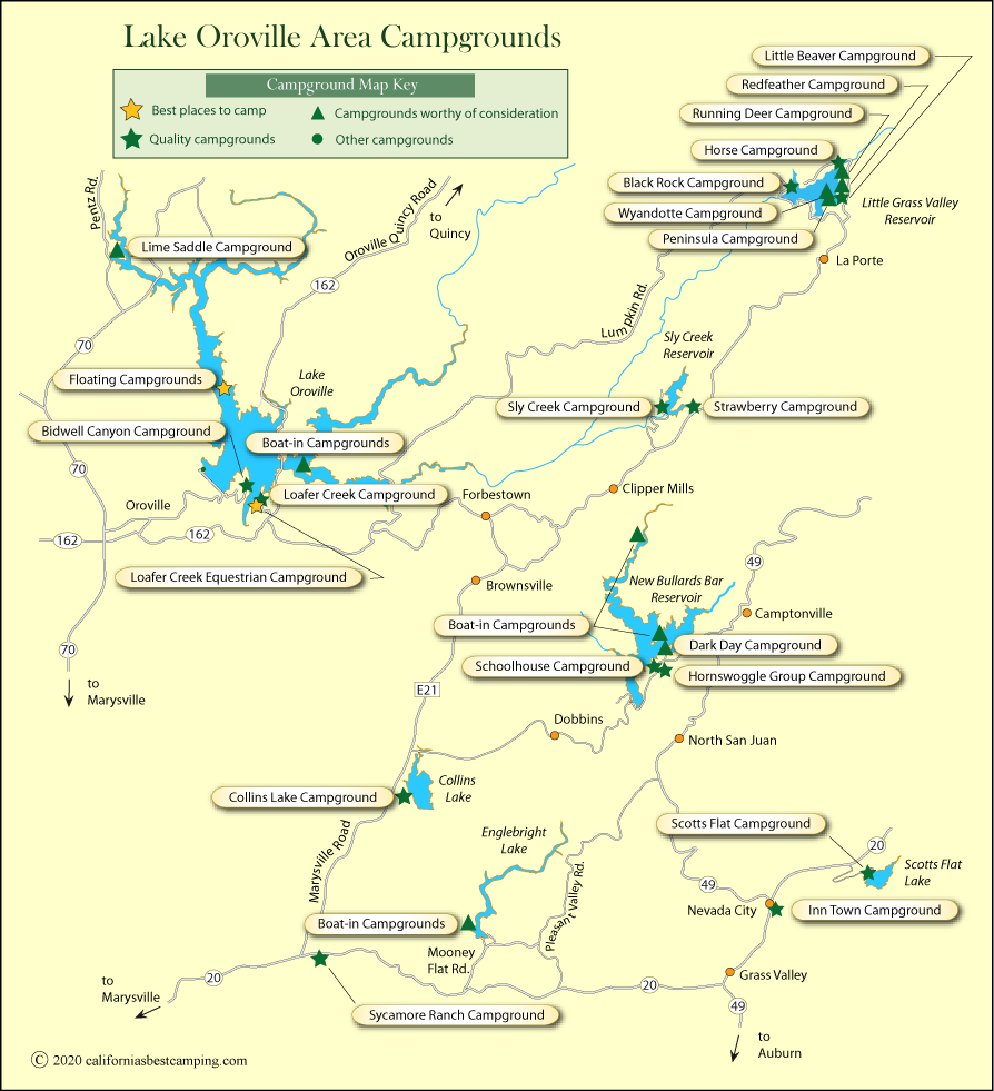 map of campground locations around Lake Ororville and New Bullards Bar, CA