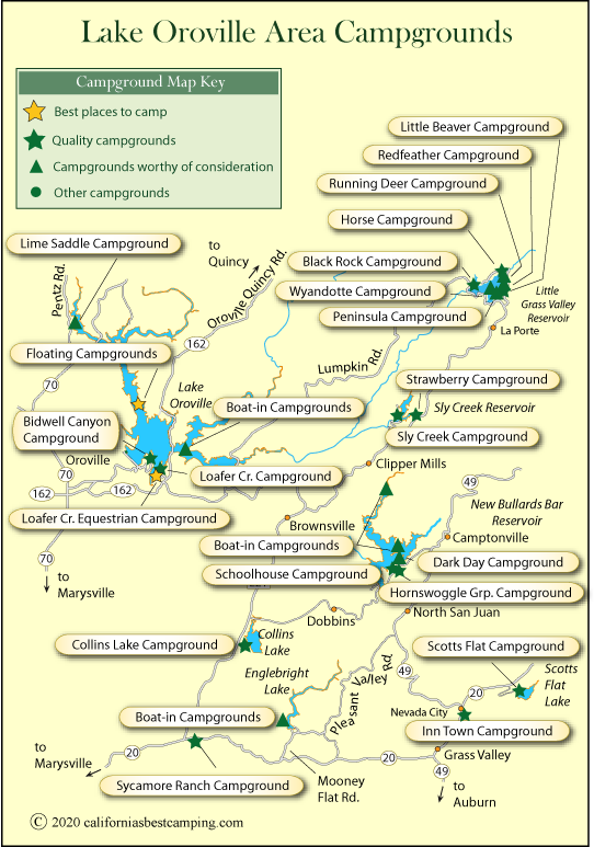 map of campground locations around Lake Ororville and New Bullards Bar, CA