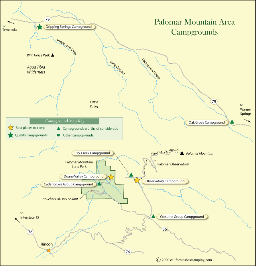 map of campgrounds around Palomar Mountain