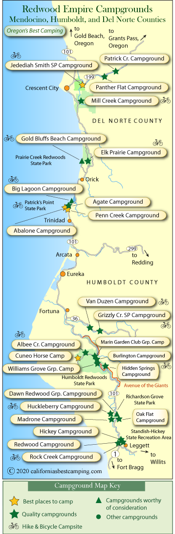 map of campgrounds in Humboldt and Del Norte counties