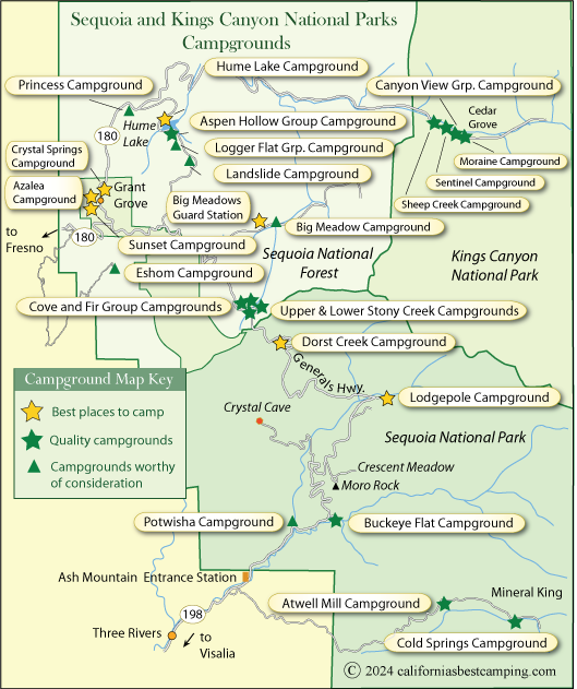 map of campground locations in Sequoia and Kings Canyon National Parks