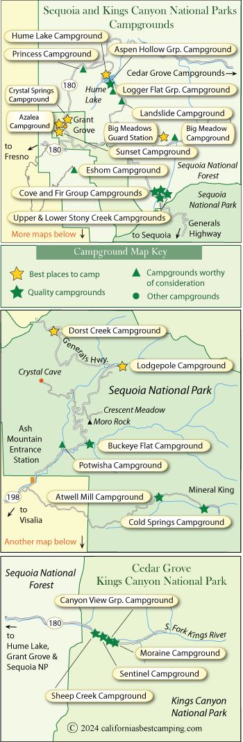 map of campground locations in Sequoia and Kings Canyon National Parks