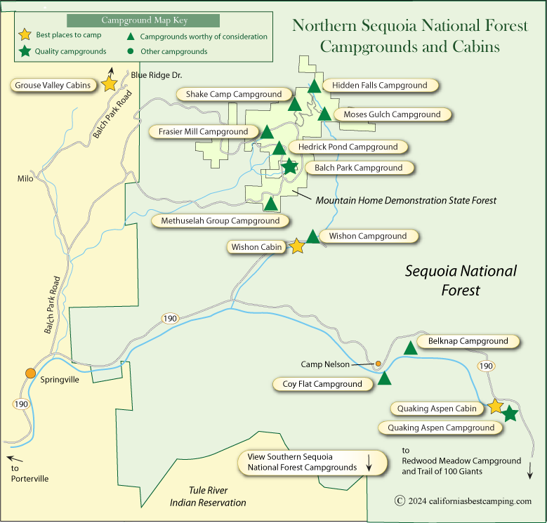 map of campgrounds in northern Sequoia National Forest