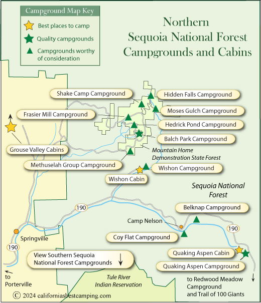 map of campgrounds in the Sequoia National Forest