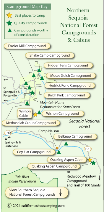 map of campgrounds in the Sequoia National Forest