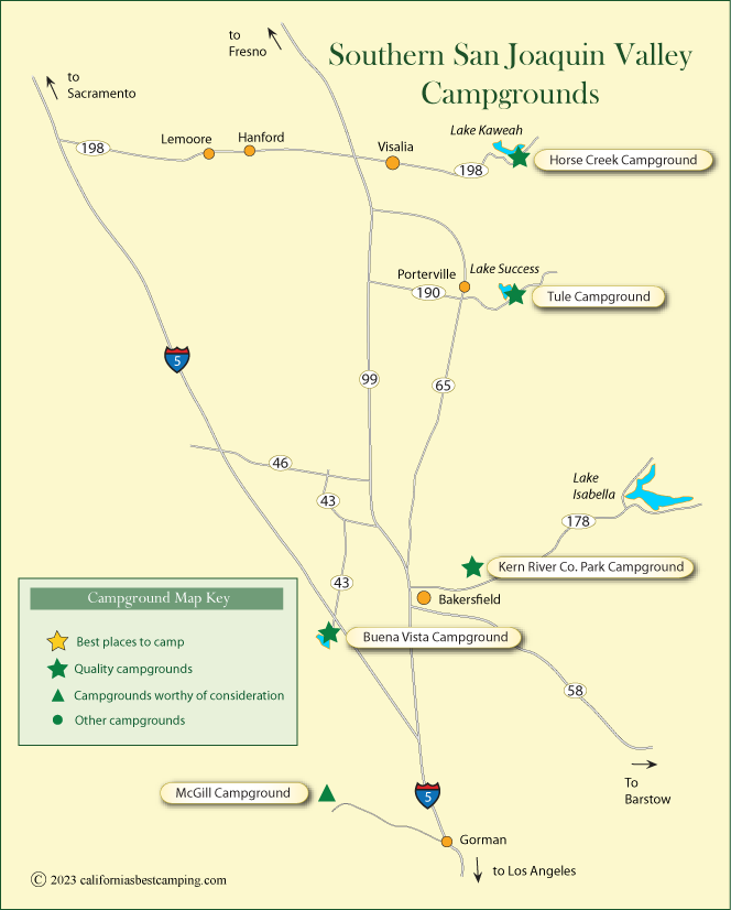 map of campgrounds in the southern San Joaquin Valley, California