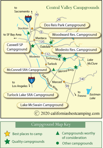 map of campgrounds in California;s Central Valley