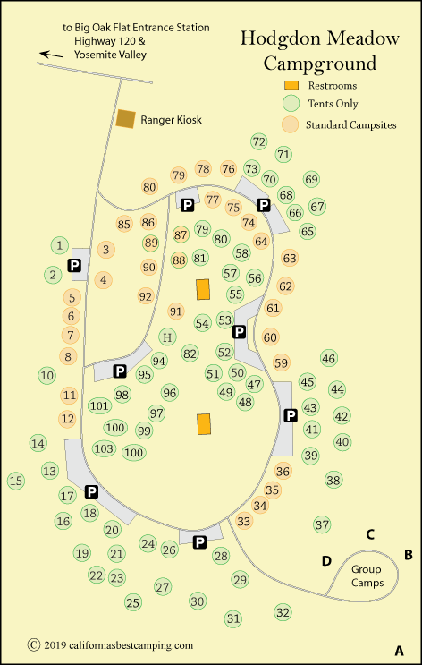 Hodgdon Meadow Campground Map, Yosemite National Park, CA