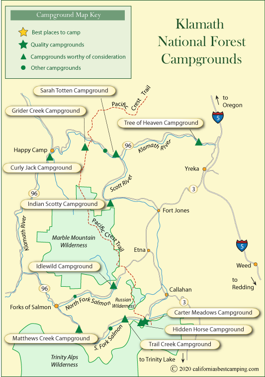 map of campgrounds in western Klamath National Forest, California