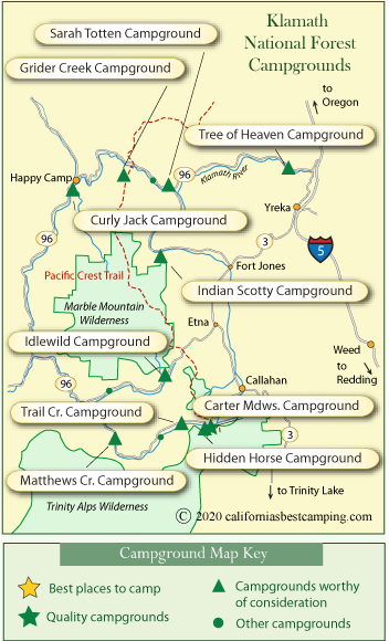 map of campgrounds in western Klamath National Forest, California