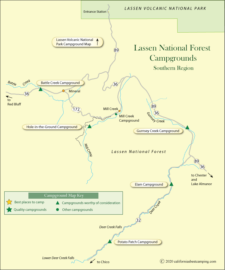 map of campground locations in Lassen National Forest