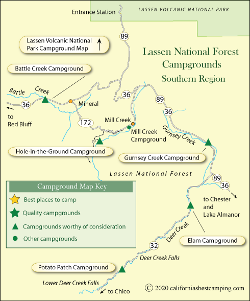 map of campground locations in Lassen National Forest