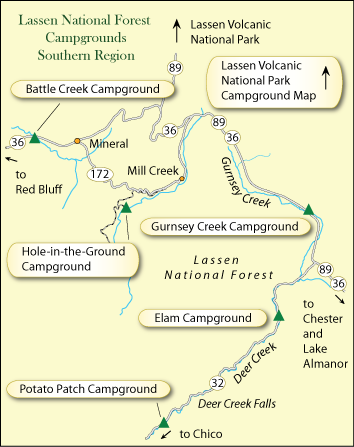 map of campground locations in Lassen National Forest