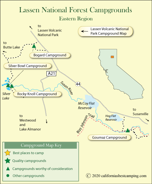 map of campground locations in Lassen National Forest