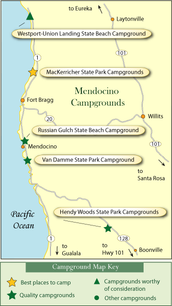 map of campground locations in Mendocino County, CA