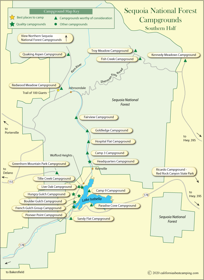 map of campgrounds in the Sequoia National Forest