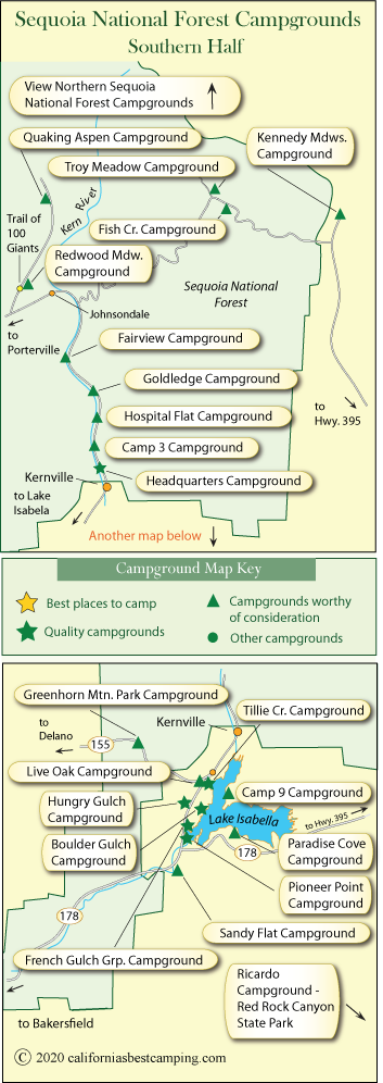 map of campgrounds in the Sequoia National Forest