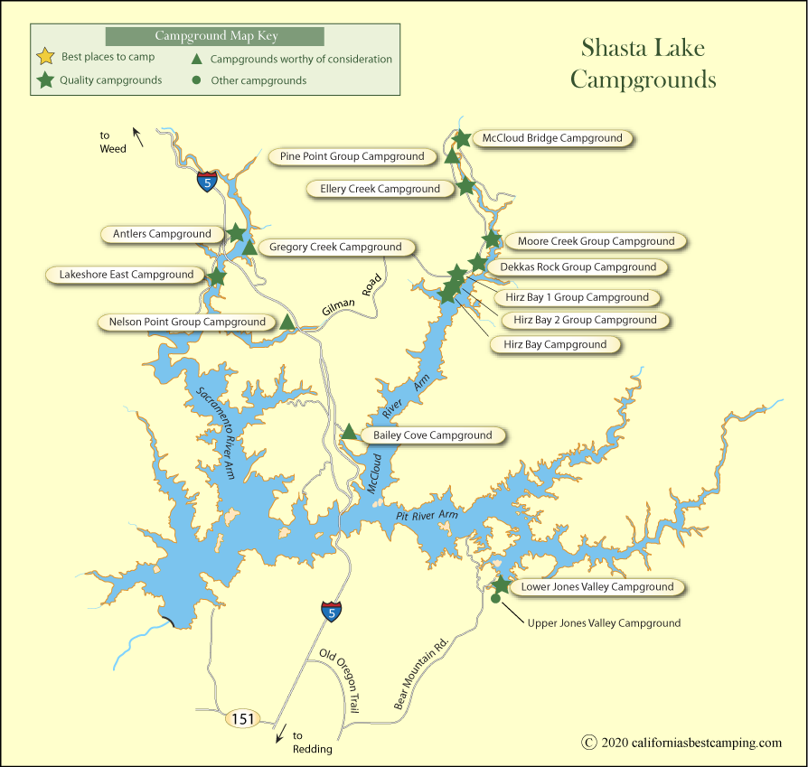 map of campgrounds around Shasta Lake, CA