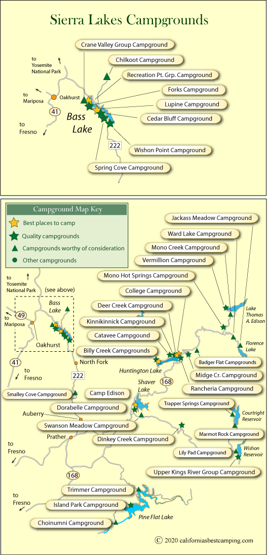 map of campground locations around lakes in Sierra National Forest