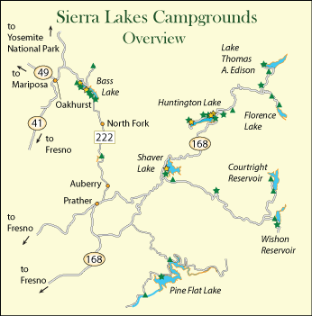 map of campground locations around lakes in Sierra National Forest