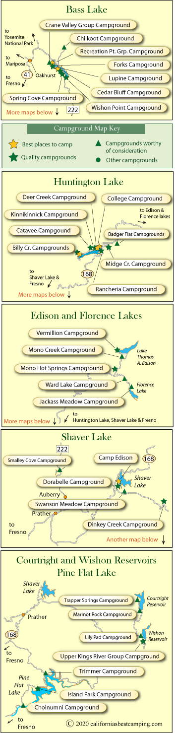 map of campground locations around lakes in Sierra National Forest