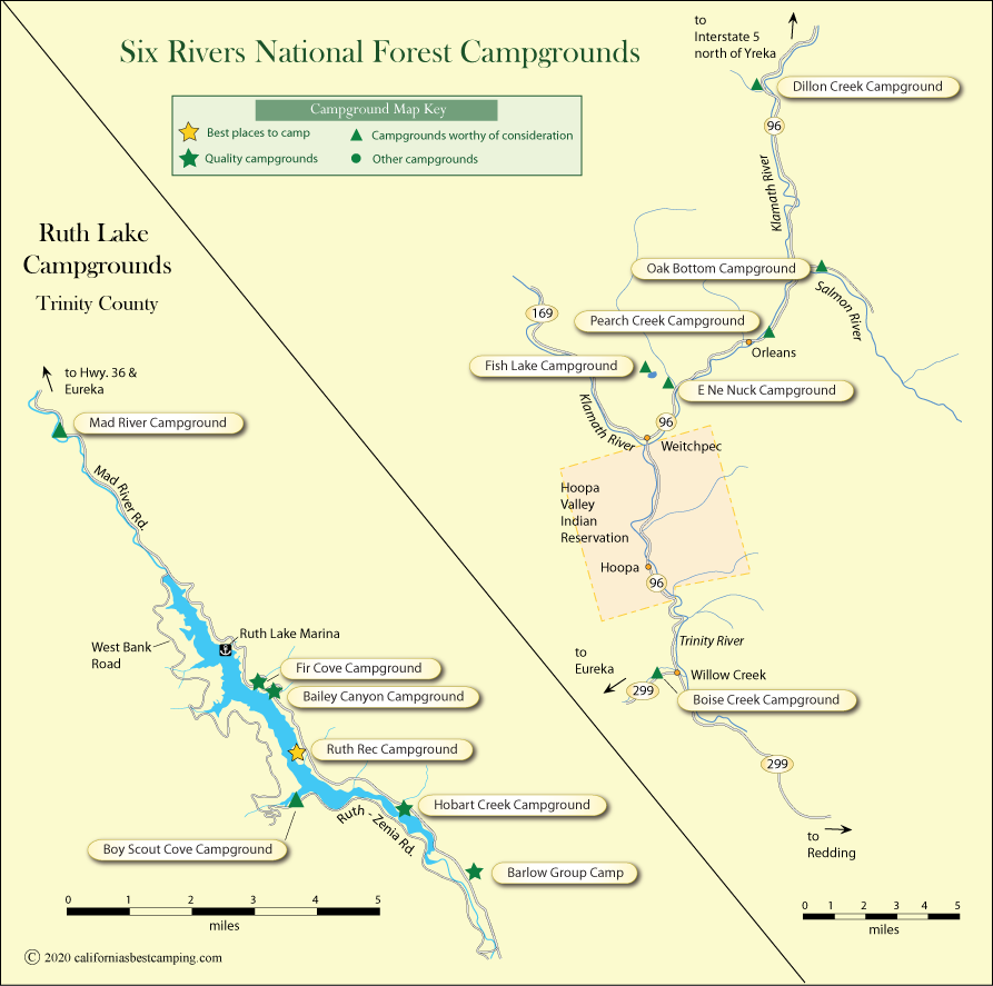 map of campgrounds in Six Rivers National Forest