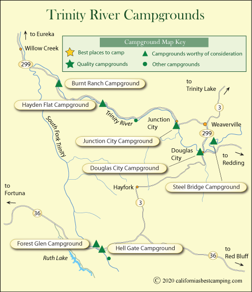 map of campgrounds along the Trinity River, California