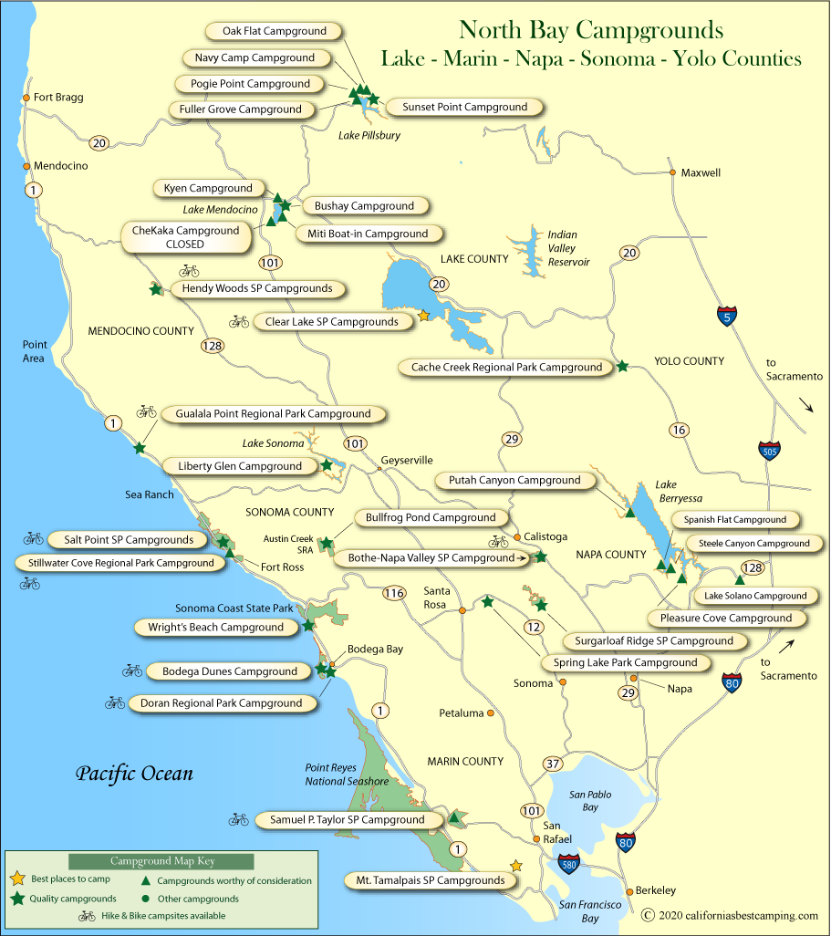 map of campground locations around Sonoma, Napa, Marin, and Yolo counties