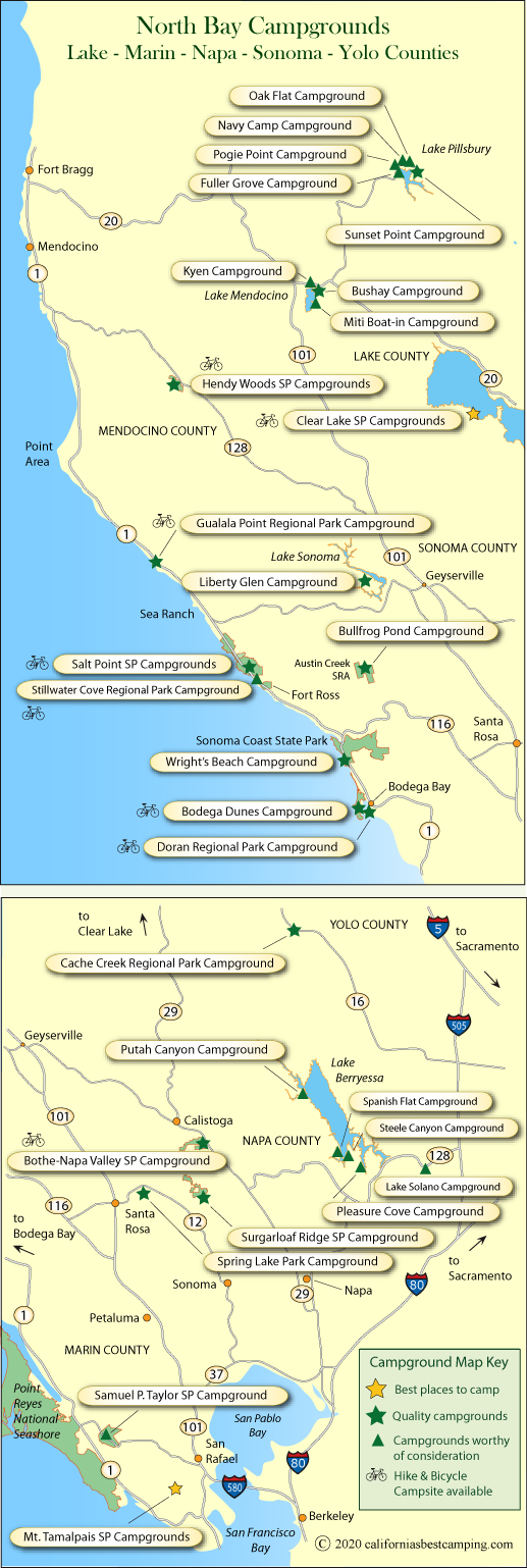 map of campground locations around Sonoma, Napa, Marin, and Yolo counties