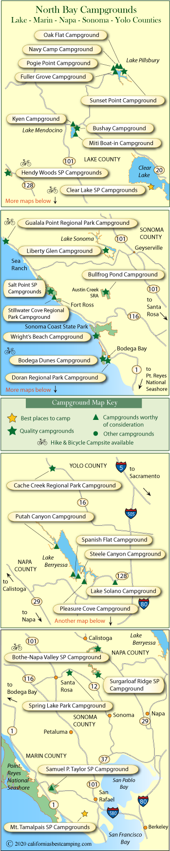 map of campground locations around Sonoma, Napa, Marin, and Yolo counties