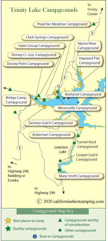 map of campgrounds around Trinity Lake, CA