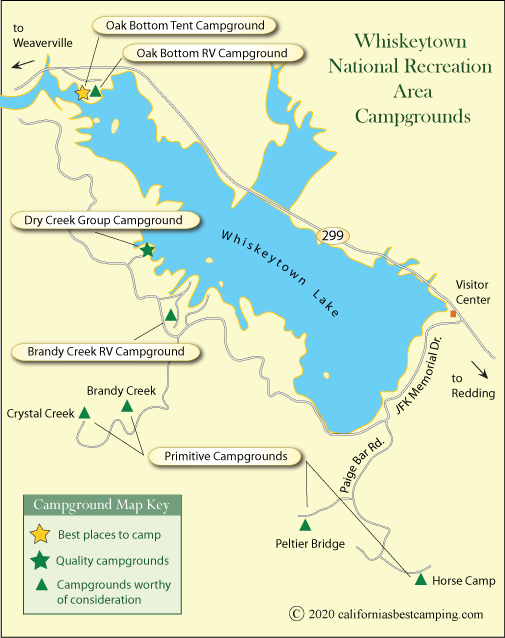 map of campgrounds around WhiskeytownLake, CA