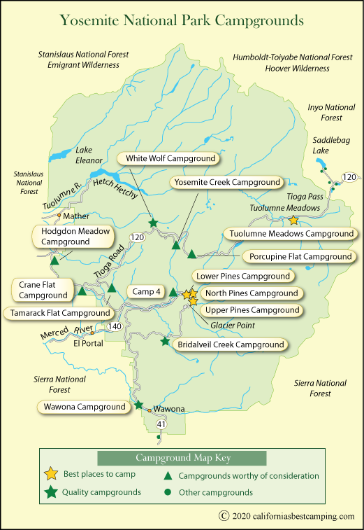 map of campground locations in Yosemite National Park