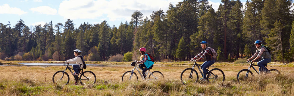 family bicycle riding on forest trail, CA